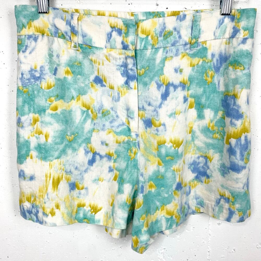 Christian Lacroix Linen Blend Shorts Watercolor Print Zip Fly Pockets Medium